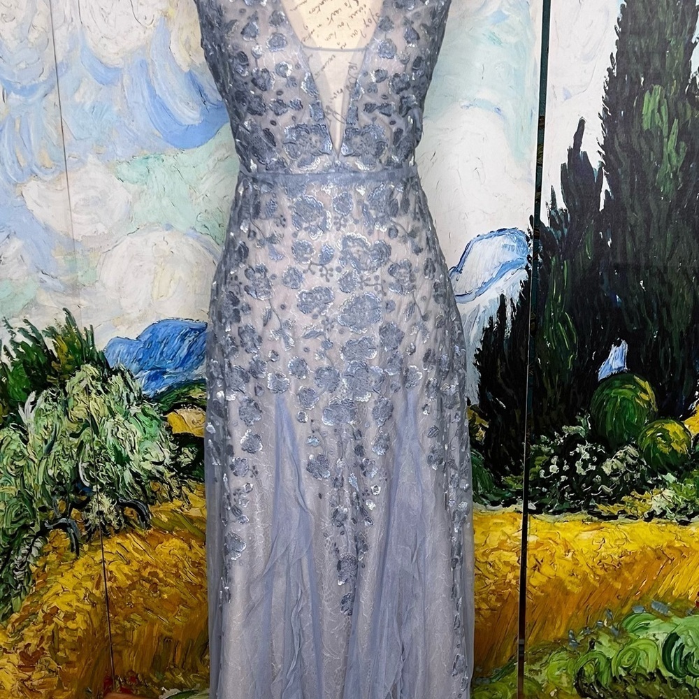 Whimsical, triple layered, violet/blue floral embellished, evening gown. - Picture 6 of 11